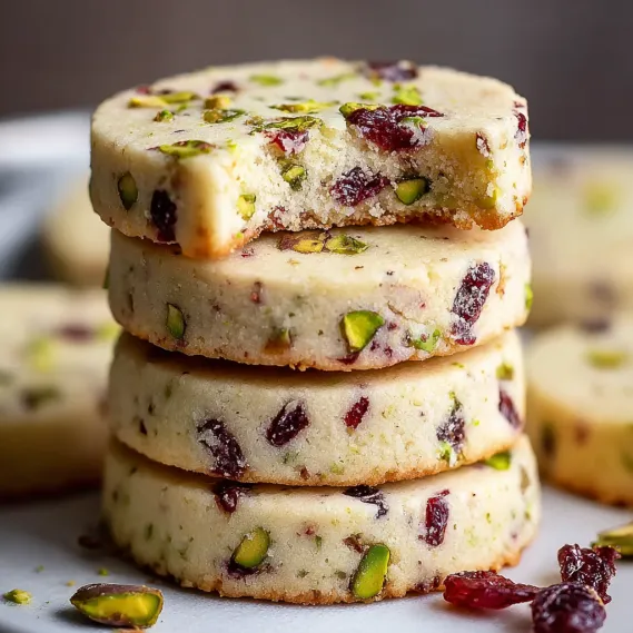A stack of cookies with pistachio nuts on top.