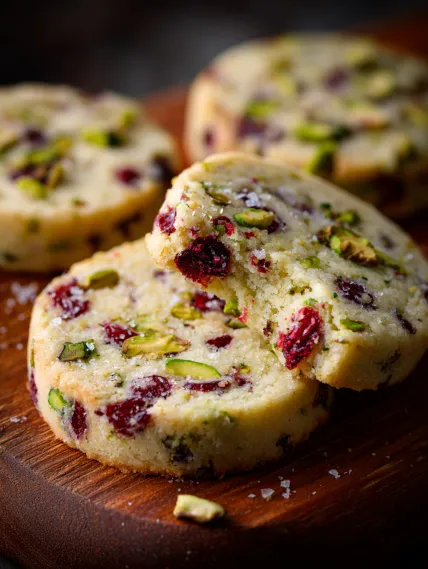 Two slices of cake with nuts and fruit on top.