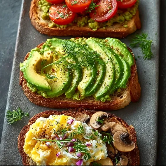 Three slices of toast with mushrooms and tomatoes.