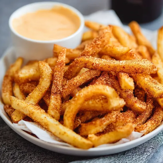 A plate of french fries with a dipping sauce.