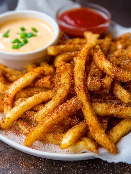 A plate of french fries with a dipping sauce.