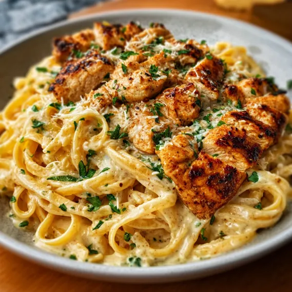 A plate of pasta with chicken and cheese.