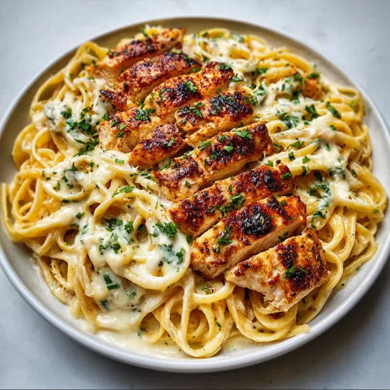 A plate of pasta with chicken and cheese.