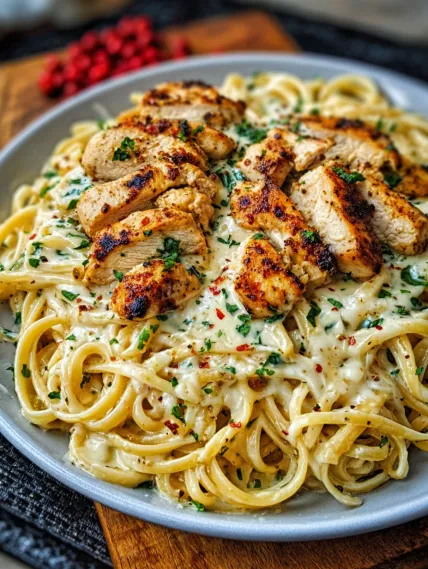 A plate of pasta with chicken and cheese.