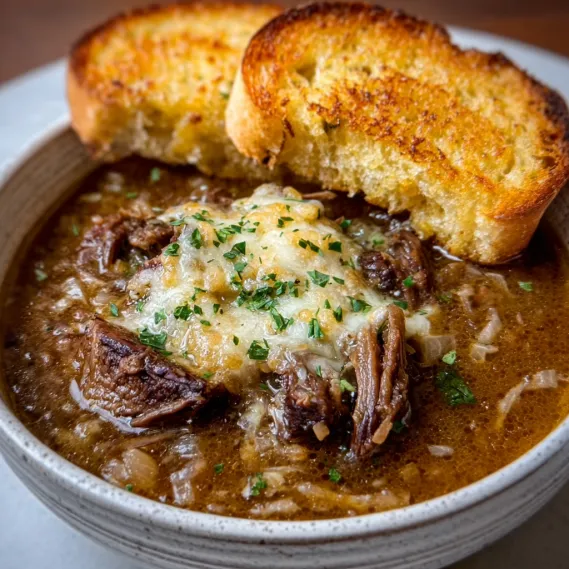 A bowl of soup with a piece of bread on top.