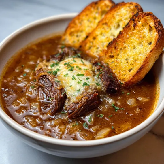 A bowl of soup with bread on top.