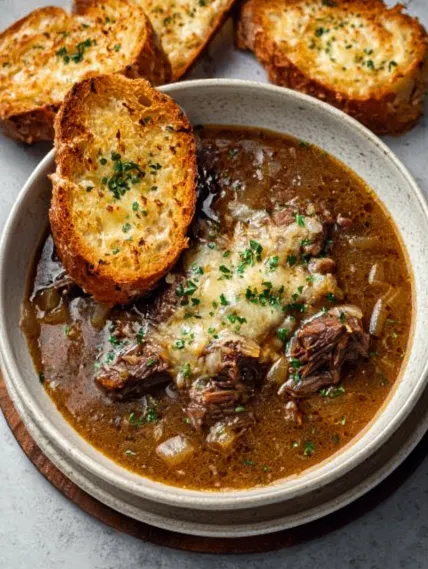 A bowl of soup with bread on the side.