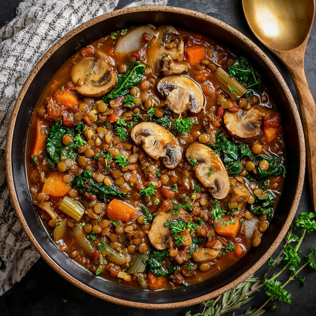 A bowl of vegan lentil mushroom stew.