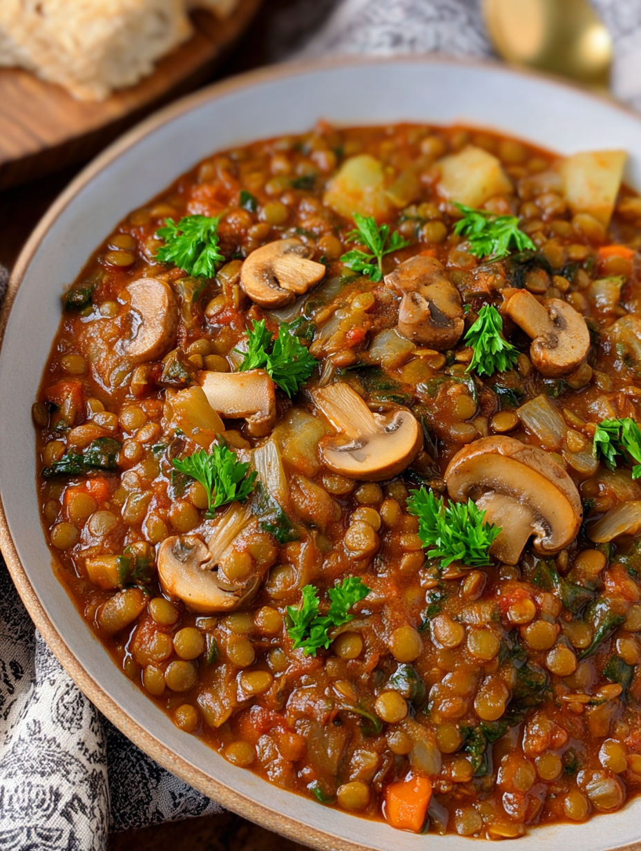 A bowl of vegan lentil mushroom stew.