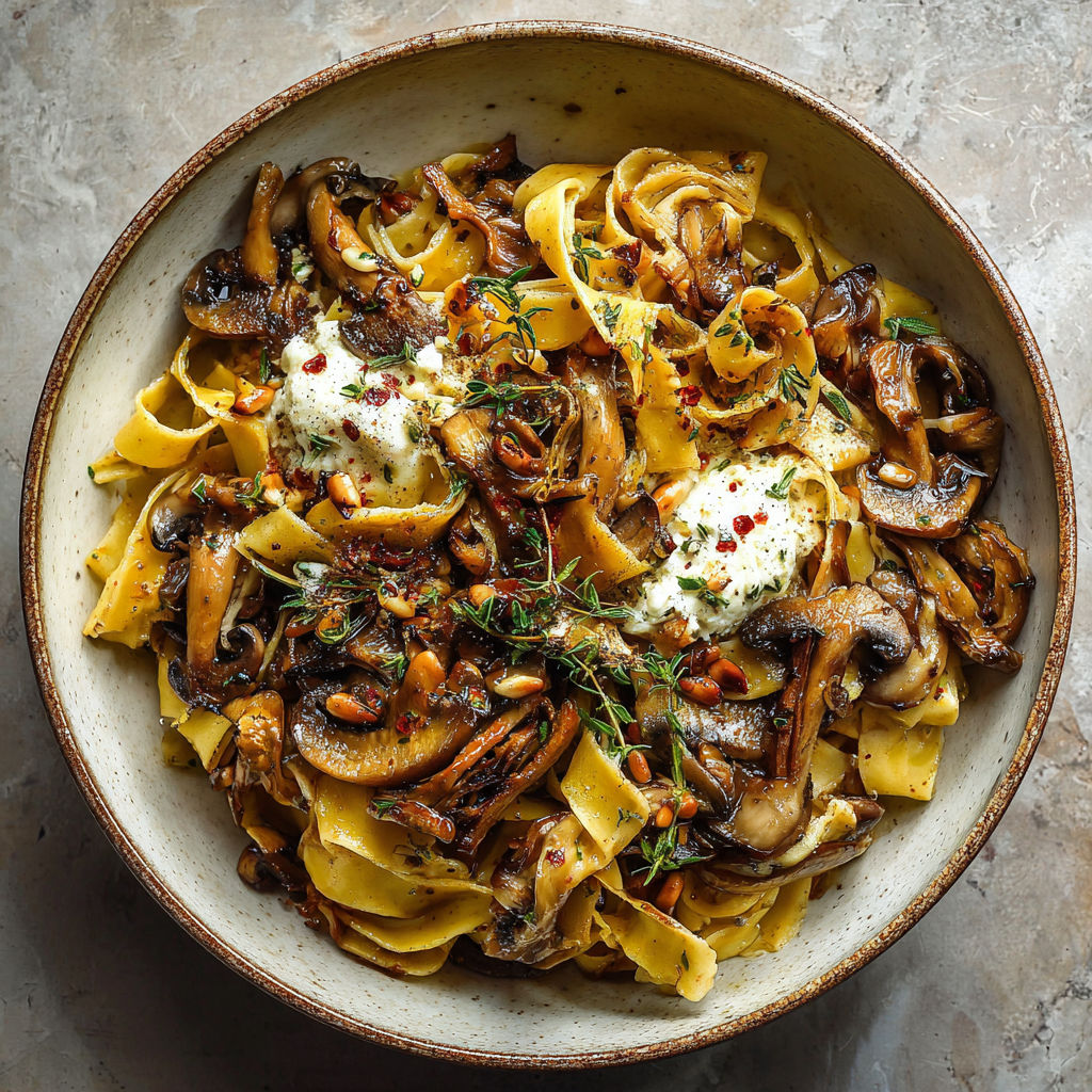 A bowl of pasta with mushrooms and cheese.