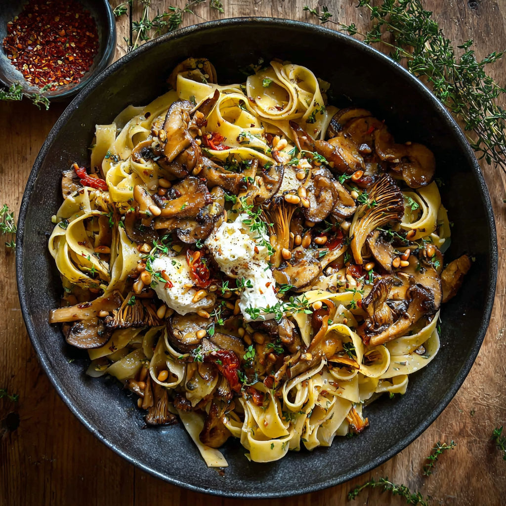 A bowl of pasta with mushrooms and cheese.