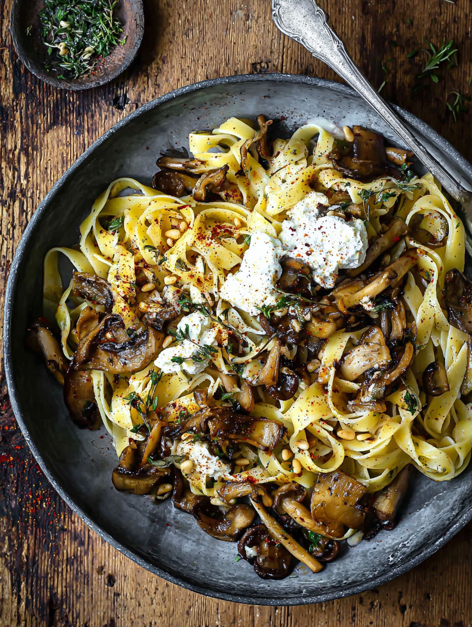 A bowl of pasta with mushrooms and cheese.