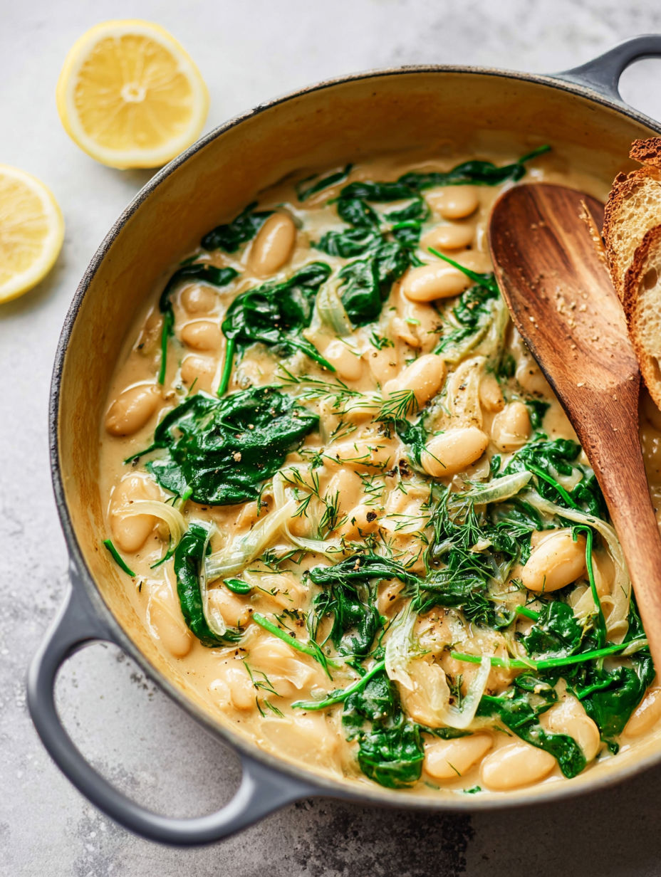 A bowl of creamy miso butter beans with a spoon.