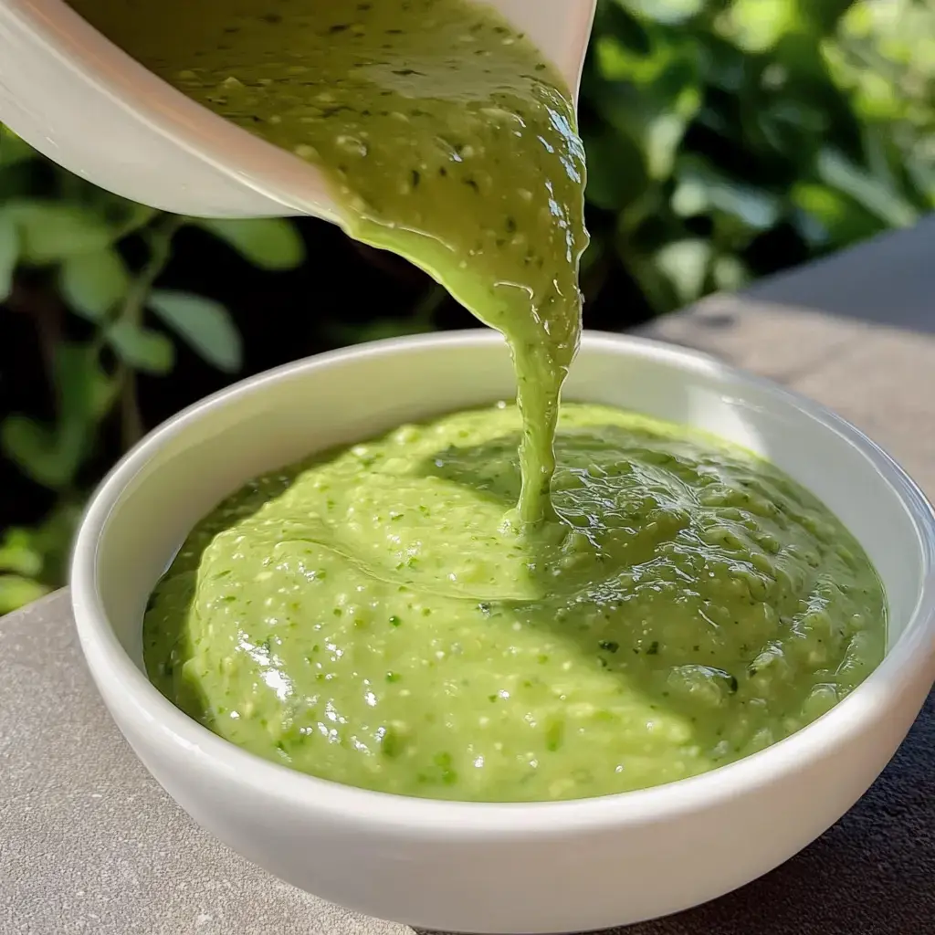 A pour of vibrant green sauce is cascading into a white bowl filled with a thick, textured version of the same sauce, against a soft blurred background of greenery.