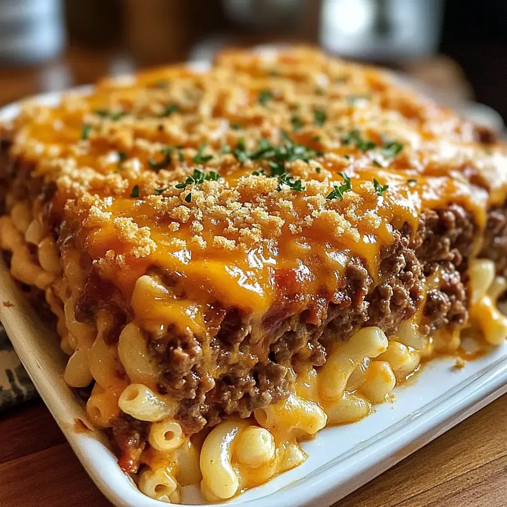 A close-up of a hearty casserole featuring macaroni, ground beef, and a golden, cheesy topping, garnished with breadcrumbs and parsley.