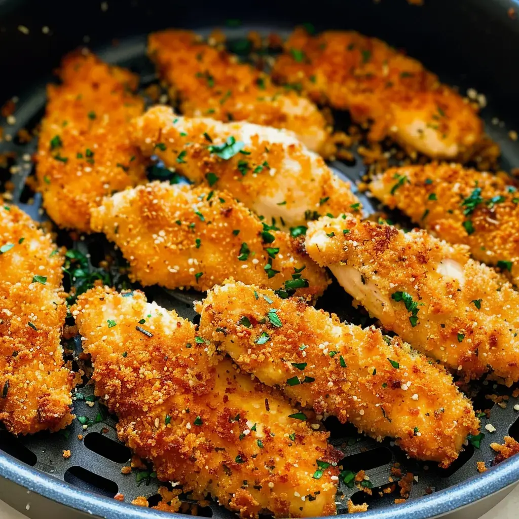 A close-up of crispy, golden-brown breaded chicken strips garnished with parsley in a black frying pan.