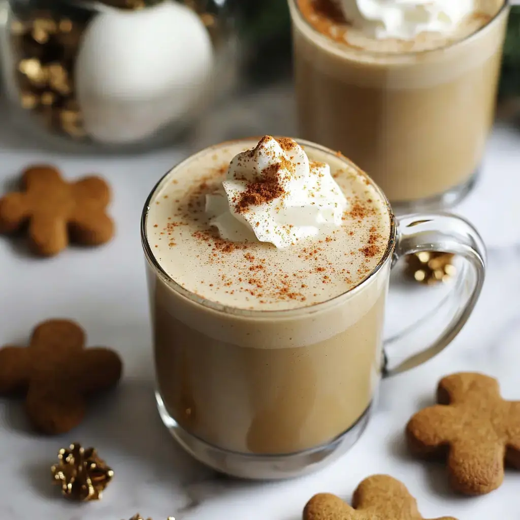 A close-up of a creamy coffee beverage topped with whipped cream and cinnamon, surrounded by gingerbread cookies and festive decorations.