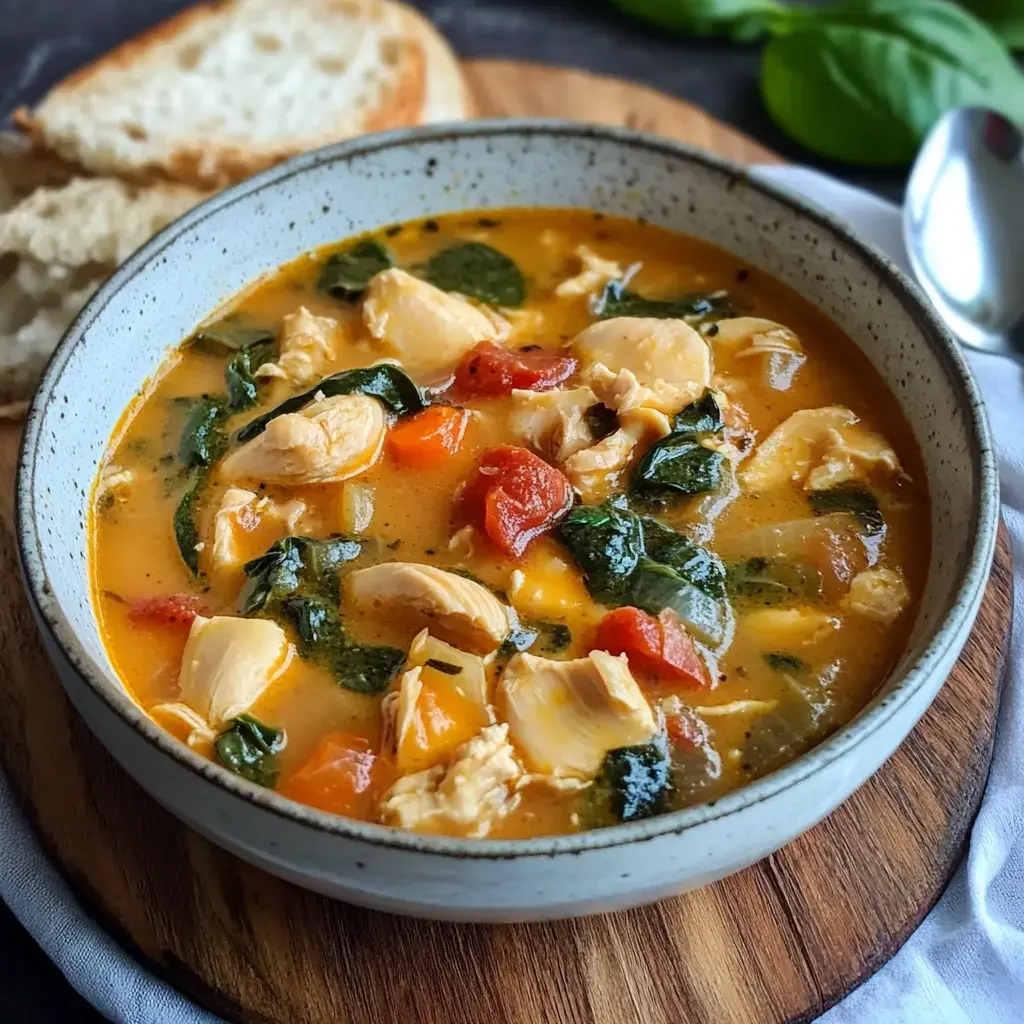 A bowl of creamy chicken soup with vegetables, garnished with spinach, served alongside slices of bread on a wooden platter.