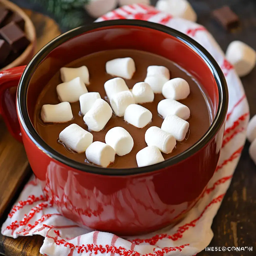 A red mug filled with hot chocolate topped with fluffy marshmallows, set on a striped cloth and surrounded by chocolate pieces.