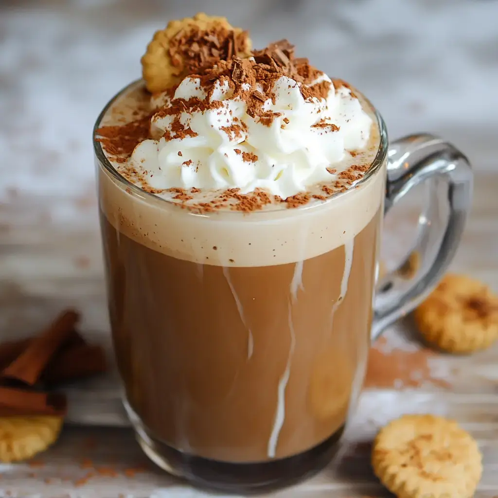 A glass of coffee topped with whipped cream, chocolate shavings, and a cookie, placed on a wooden surface with scattered cinnamon and cookies nearby.