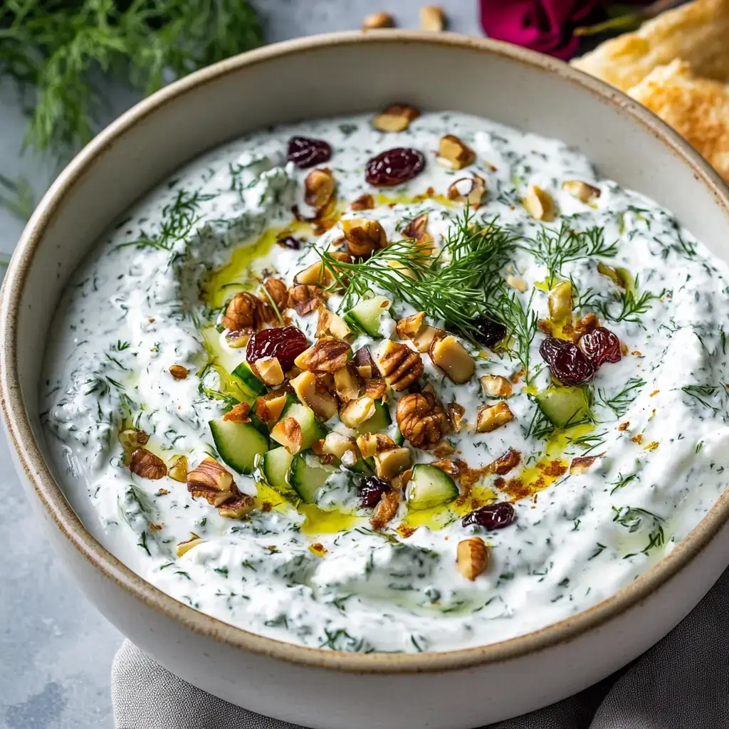 A bowl of creamy yogurt dip garnished with chopped cucumbers, nuts, dried cranberries, and drizzled with olive oil, surrounded by fresh dill.