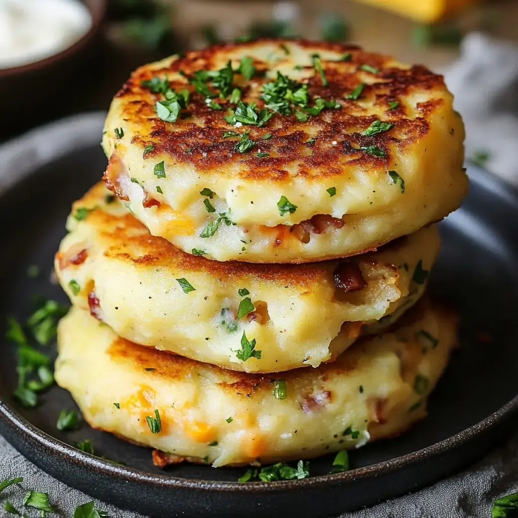 A stack of three golden-brown potato pancakes topped with chopped parsley, placed on a dark plate.