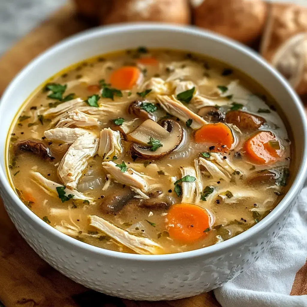 A bowl of chicken soup featuring shredded chicken, carrots, mushrooms, and fresh herbs.