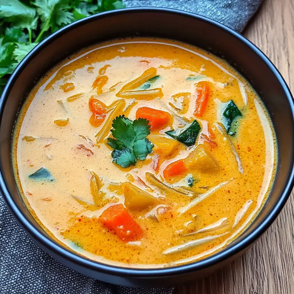 A bowl of creamy vegetable soup with colorful diced vegetables and a sprig of cilantro on top.