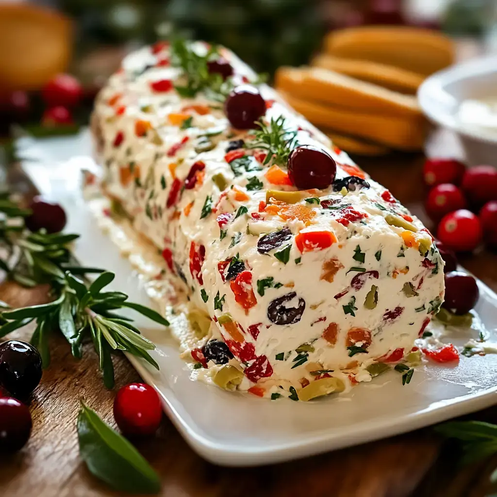 A festive cheese log decorated with colorful herbs and chopped vegetables, garnished with cranberries, served on a white platter.