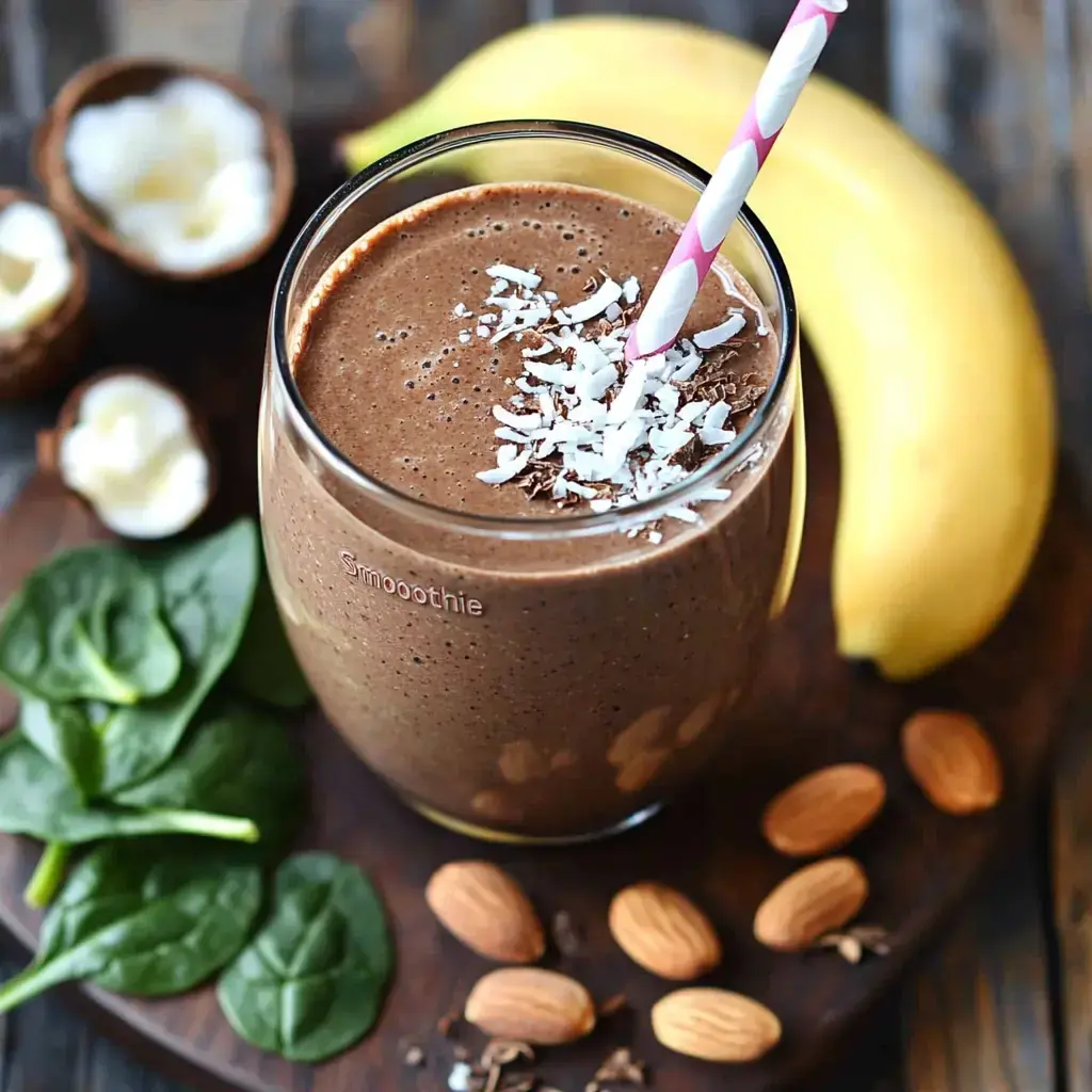 A glass of chocolate smoothie topped with coconut flakes, surrounded by spinach, almonds, and a banana.