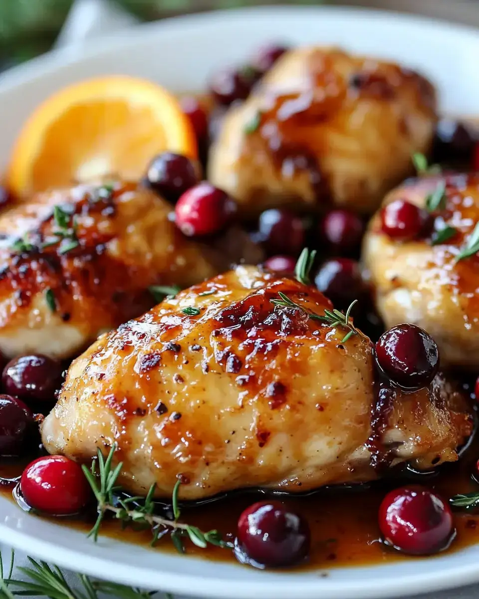 A close-up of glazed chicken thighs garnished with cranberries and thyme, served with a slice of orange.