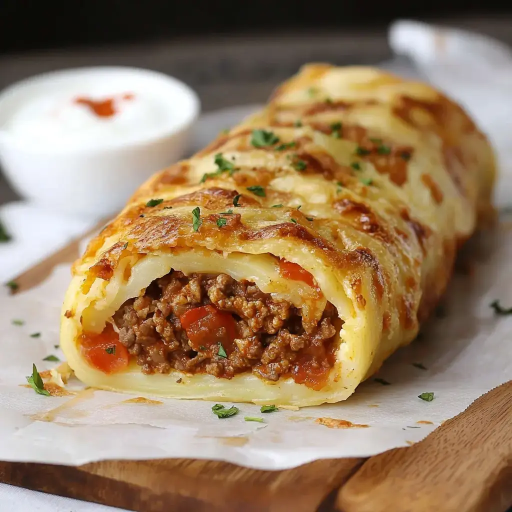 A sliced roll of mashed potatoes filled with seasoned ground meat and vegetables, garnished with parsley, alongside a small bowl of dipping sauce.