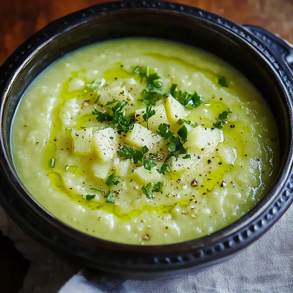 A bowl of creamy green soup topped with diced apples, fresh herbs, and a drizzle of olive oil.