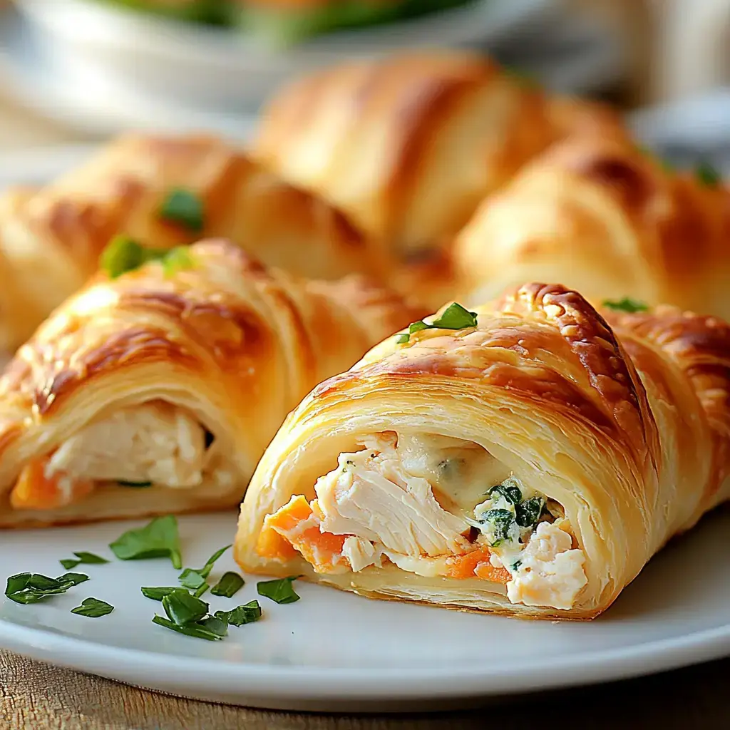 A close-up of golden-brown, flaky pastries filled with chicken and vegetables, garnished with chopped herbs on a white plate.