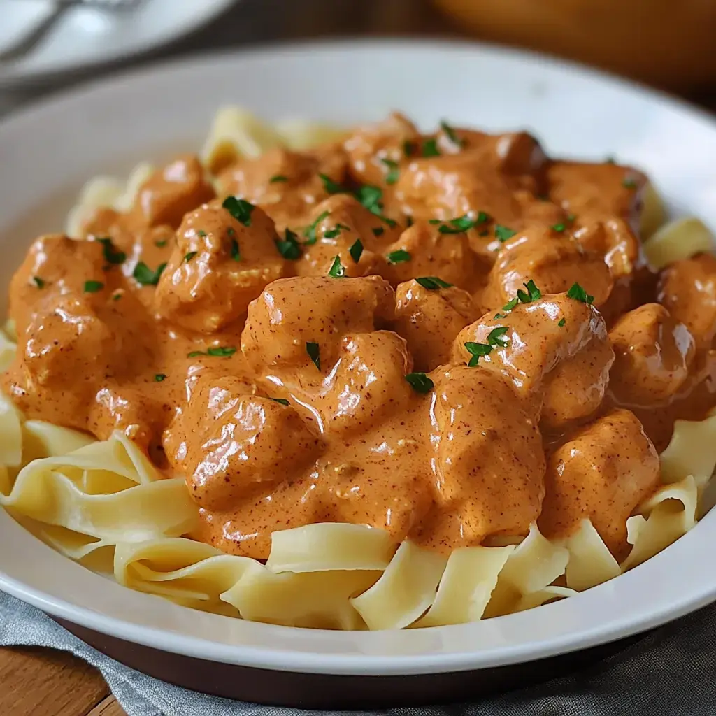 A plate of fettuccine topped with creamy, orange-colored chicken sauce garnished with chopped parsley.