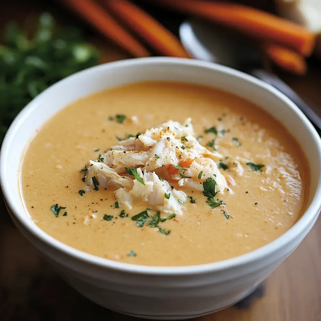 A creamy bowl of soup garnished with shredded crab meat and fresh herbs.