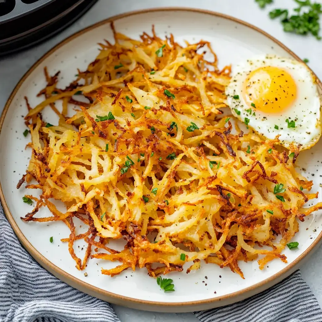 A plate of golden, crispy hash browns garnished with parsley and served alongside a fried egg.