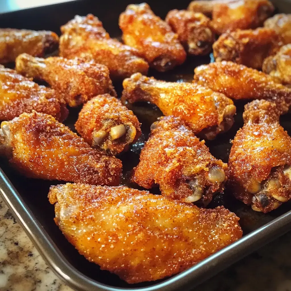 A tray of crispy, seasoned chicken wings is displayed on a dark surface.