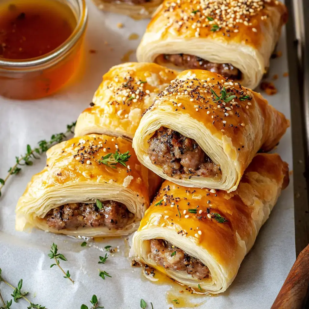 A plate of golden-brown puff pastry rolls filled with seasoned meat, garnished with herbs and accompanied by a small jar of sauce.