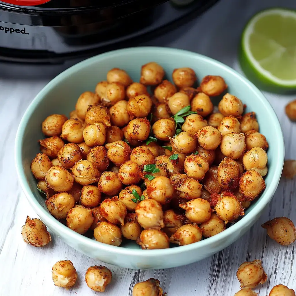 A bowl of crispy, seasoned chickpeas garnished with herbs and surrounded by scattered chickpeas and a lime wedge.