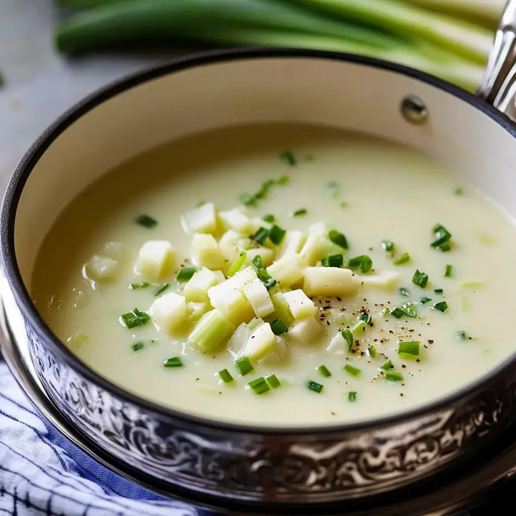 A bowl of creamy soup topped with diced potatoes and chopped green onions.