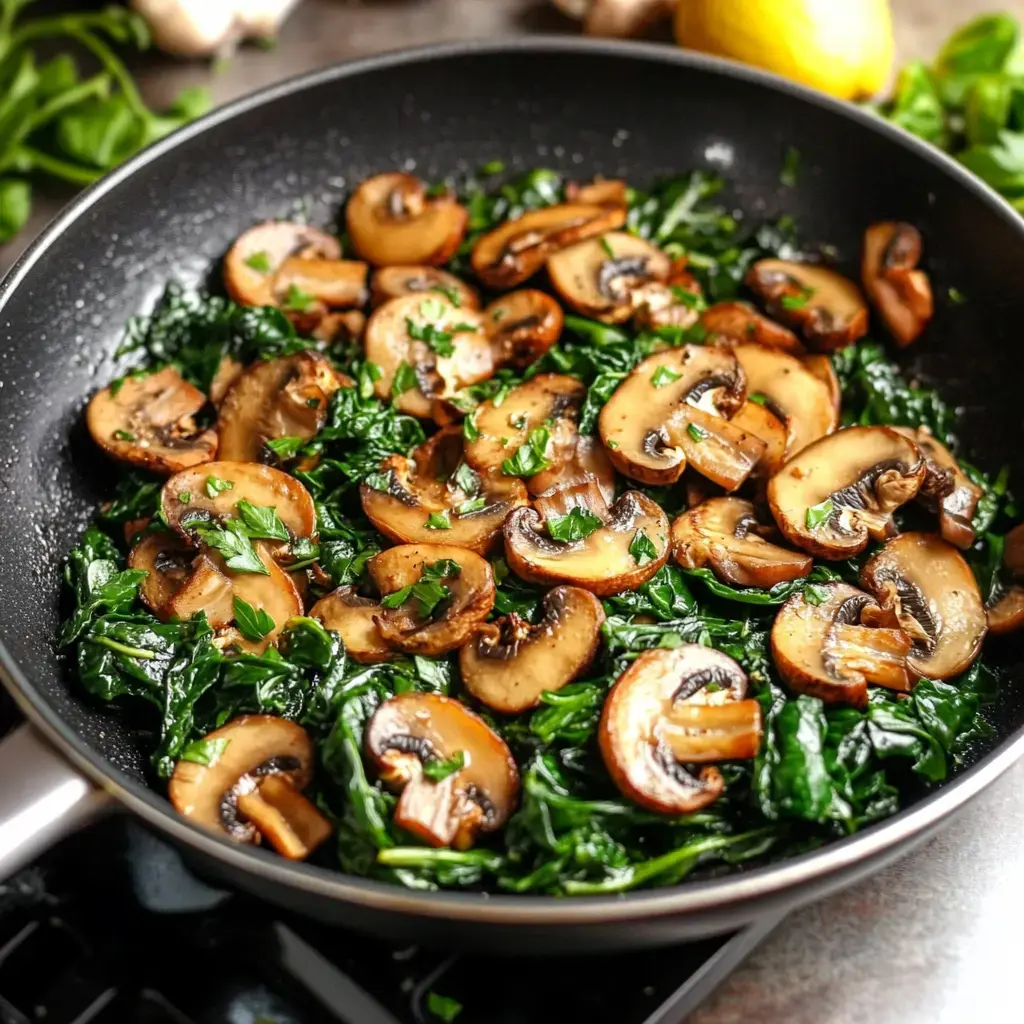 A skillet filled with sautéed mushrooms and fresh spinach, garnished with chopped herbs.