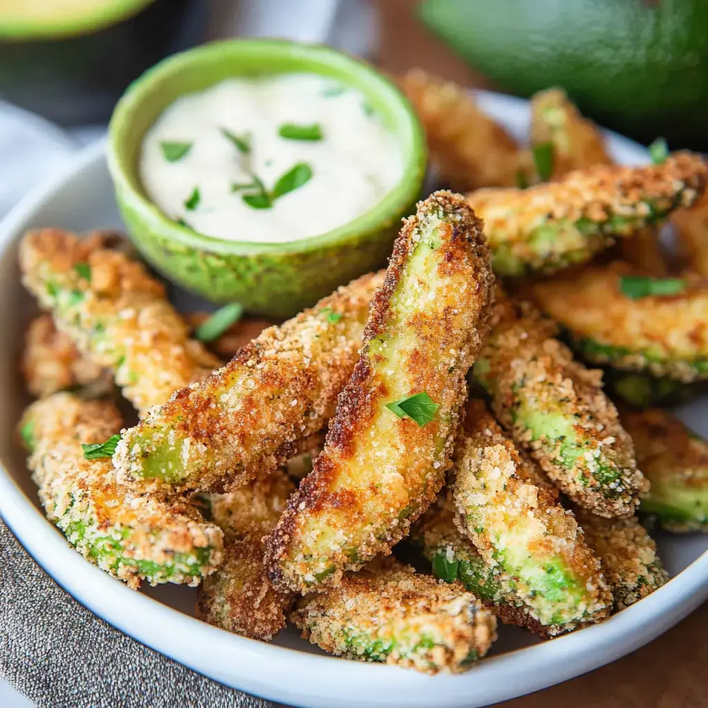 A bowl of crispy, breaded avocado slices is accompanied by a small, green serving bowl filled with creamy dip.