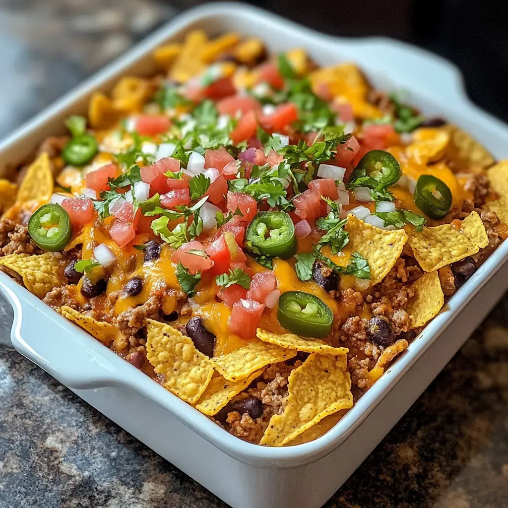 A dish of loaded nachos topped with ground beef, black beans, melted cheese, diced tomatoes, jalapeños, onions, and fresh cilantro.