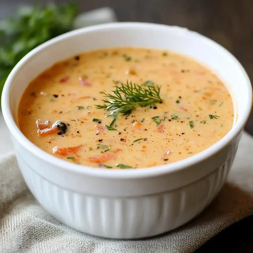 A creamy soup with herbs and vegetables served in a white bowl.