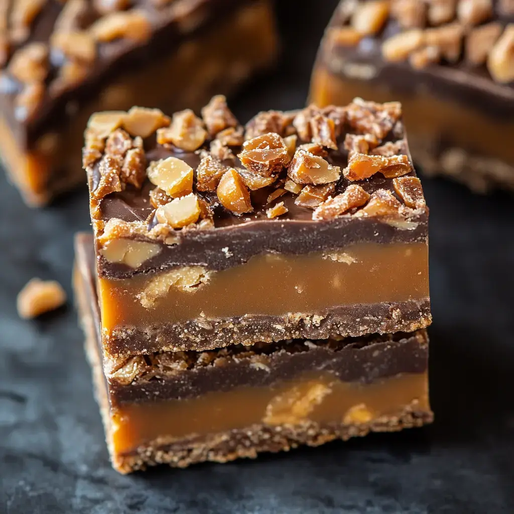 A close-up of layered chocolate and caramel bars topped with crushed nuts on a dark surface.