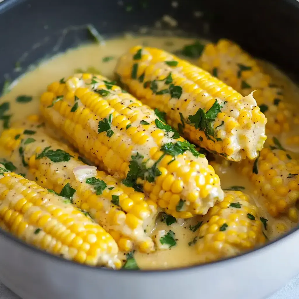 A pot filled with cooked corn on the cob coated in a creamy sauce and garnished with fresh cilantro.