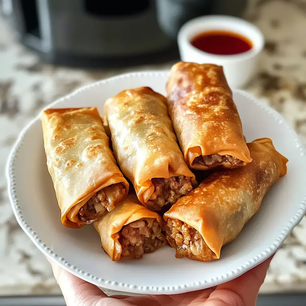 A hand holds a plate of five golden-brown spring rolls next to a small bowl of dipping sauce.