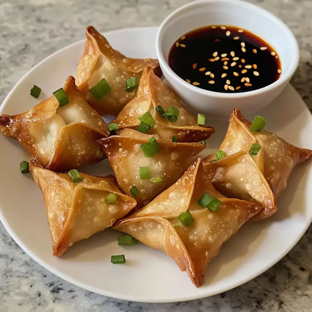 A plate of crispy, golden brown dumplings garnished with chopped green onions, accompanied by a small bowl of dark dipping sauce.