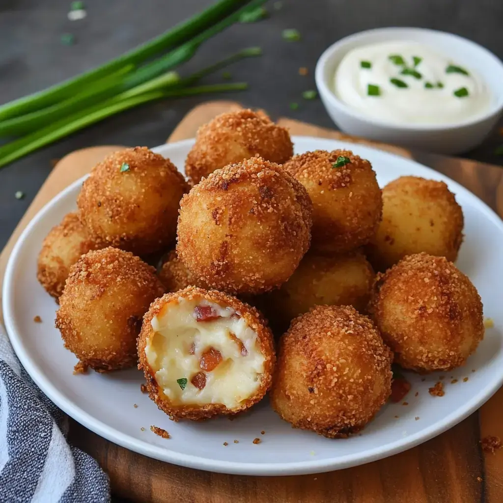 A plate of crispy, golden-brown potato balls filled with creamy cheese and bits of bacon, accompanied by a small bowl of dipping sauce.